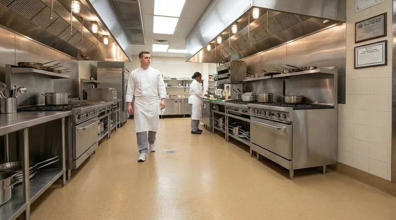 Active commercial kitchen with warm sand quartz epoxy floor, chef walking confidently on the seamless slip-resistant surface between stainless steel prep stations