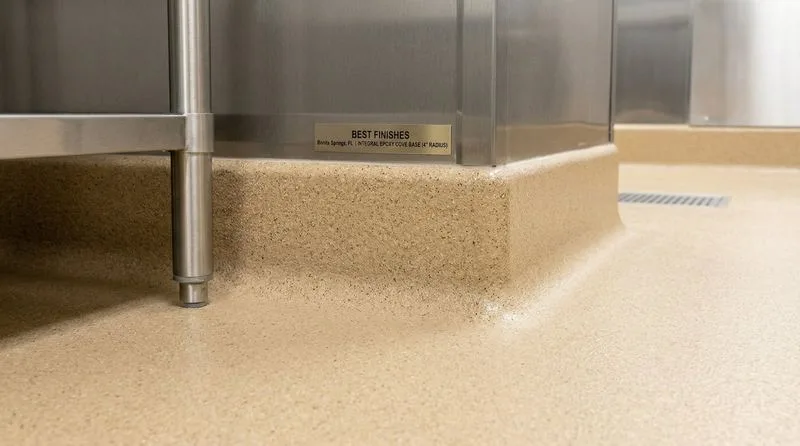 Close-up detail of integral epoxy cove base showing the seamless curved 4-inch radius transition from quartz floor to wall beneath stainless steel kitchen equipment
