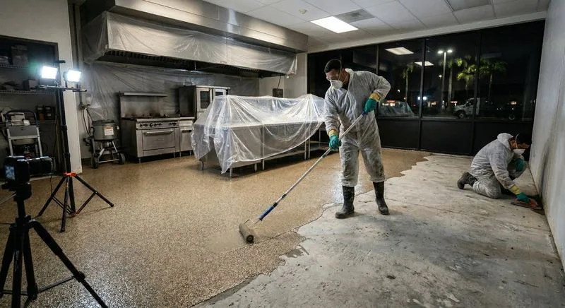 Professional epoxy installation crew coating a commercial kitchen floor at night with work lights, equipment covered in plastic sheeting, dark windows showing after-hours work