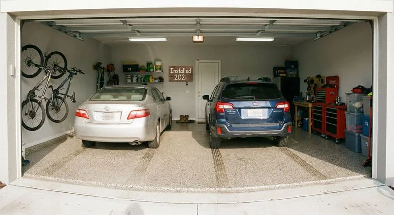 Residential garage with professional epoxy floor in excellent condition after years of daily use