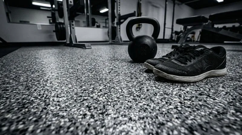 Low-angle close-up of textured flake epoxy gym floor with kettlebell and training shoes showing the slip-resistant surface