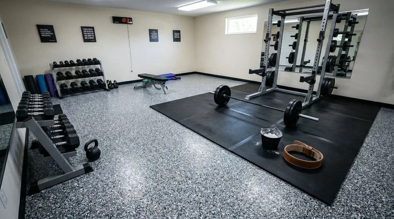 Home gym showing the transition between exposed decorative flake epoxy floor and black rubber stall mats under the squat rack and deadlift platform with chalk bucket and lifting belt