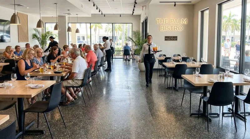 Busy restaurant dining room with polished epoxy floor in active use, servers walking between full tables of diners, floor maintaining glossy appearance under heavy daily traffic