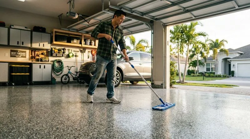 Homeowner dust-mopping a glossy decorative flake epoxy garage floor with garage door open and natural sunlight, car parked in driveway